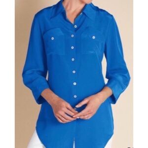 Soft Surroundings Women's XS Petite Blue‎ 100% Silk Button-Up Shirt 3/4 Sleeve